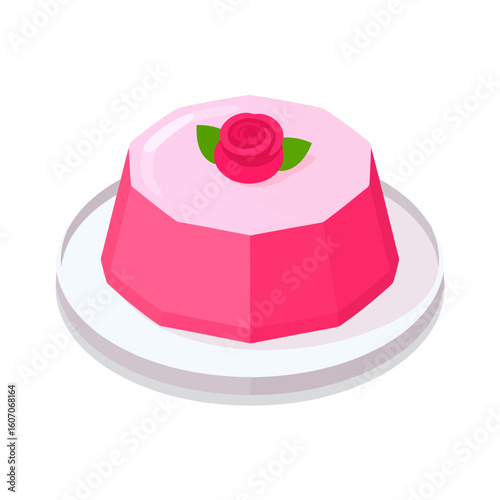 Faceted pink jelly pudding with a glossy top and a stylized rose garnish on a plate.