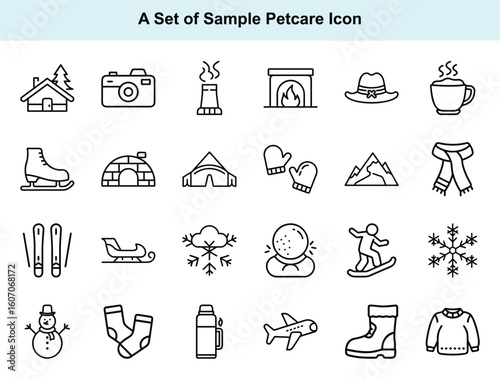 Winter outdoor icons like house, skiing, and snowman exist