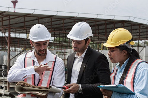Team of engineers reviewing construction documents and plans on site. Surrounded by concrete panels and heavy machinery, they demonstrate teamwork and coordination in a real industrial setting.