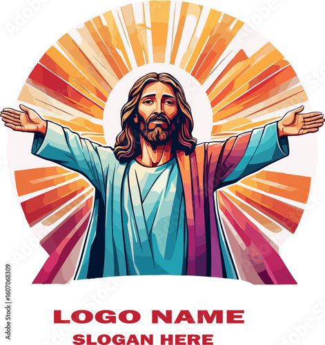  Jesus of Nazareth Logo Elegant Christian Vector with Open Arms and Radiant Light on White Background .