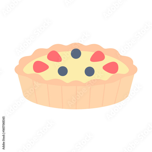 Simple cartoon illustration of a fruit tart with a creamy custard filling, topped with fresh blueberries and sliced strawberries.