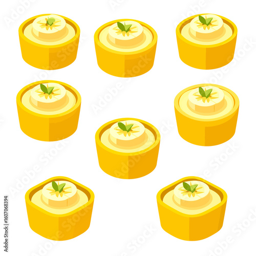 Isometric set of banana pudding desserts in yellow cups with a fruit slice and mint garnish.