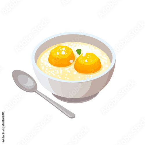 Illustrated bowl of creamy sago pudding with two golden dumplings, garnished with coconut and a mint leaf, next to a spoon.