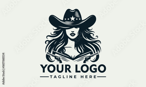 Graphic depiction of a woman in a cowboy hat holding two guns, suitable for a logo design.