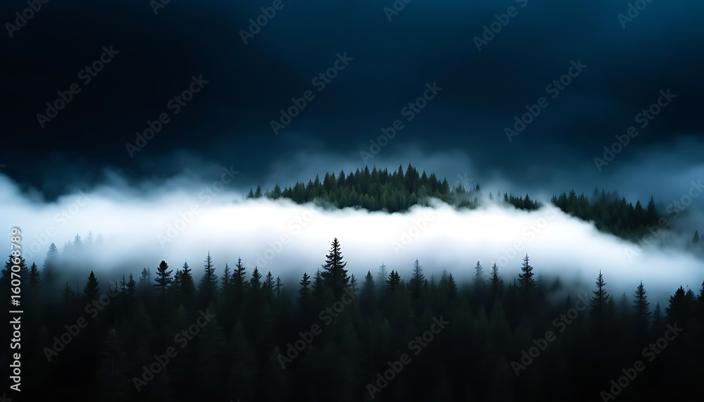 Fototapeta premium Misty mountain forest landscape with evergreen trees shrouded in fog under a dramatic dark sky
