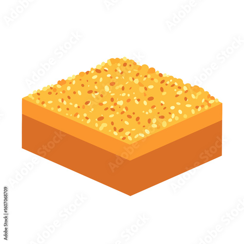 A square piece of layered baklava dessert with a crushed nut and seed topping, shown in an isometric vector style.