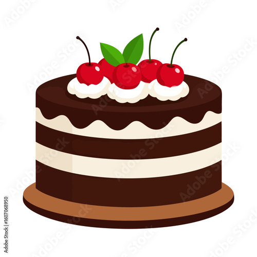 Delicious layered chocolate cake with whipped cream, topped with red cherries and green leaves.