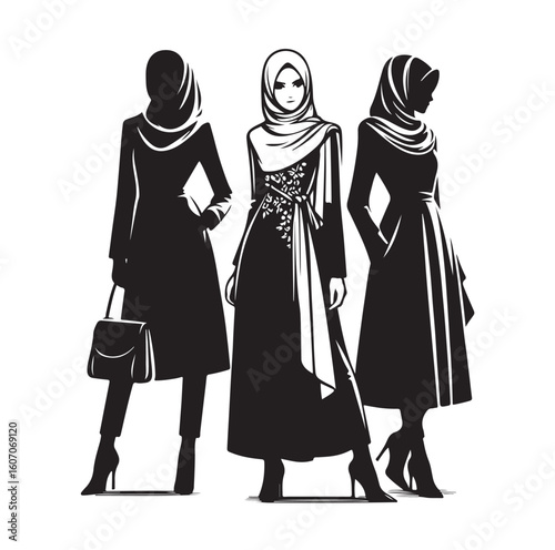 hijab style standing vector silhouette design white background
