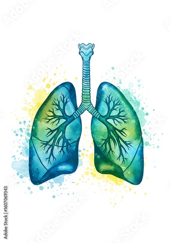 Watercolor Lungs Illustration – Abstract Blue and Green Medical Art Symbolizing Breathing, Health, and Vitality
