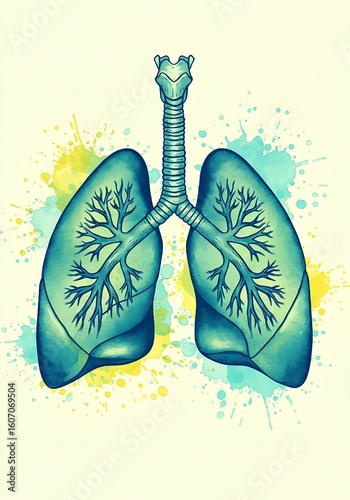 Watercolor Lungs Illustration – Abstract Blue and Green Medical Art Symbolizing Breathing, Health, and Vitality