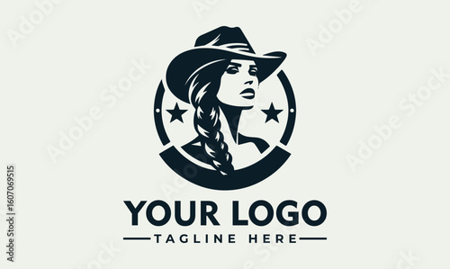 Silhouette logo of a woman in a cowboy hat,  featuring a circular emblem and text space.