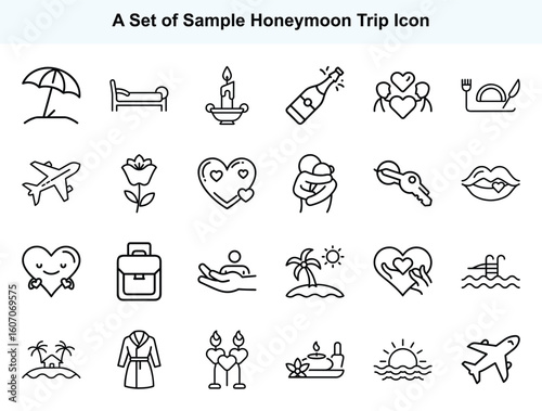 Outline icons showcase romantic vacation travel and loving honeymoon
