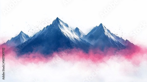 Watercolor painting capturing the serene beauty of snow-capped mountains and mist