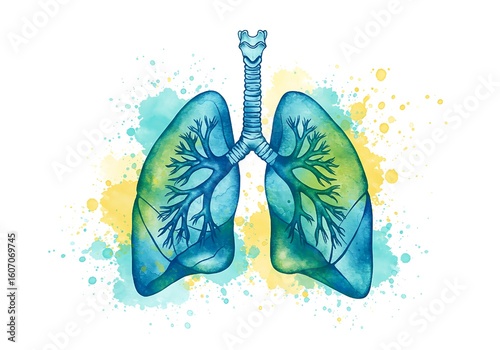 Watercolor Lungs Illustration – Abstract Blue and Green Medical Art Symbolizing Breathing, Health, and Vitality