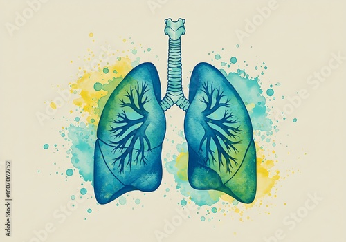 Watercolor Lungs Illustration – Abstract Blue and Green Medical Art Symbolizing Breathing, Health, and Vitality