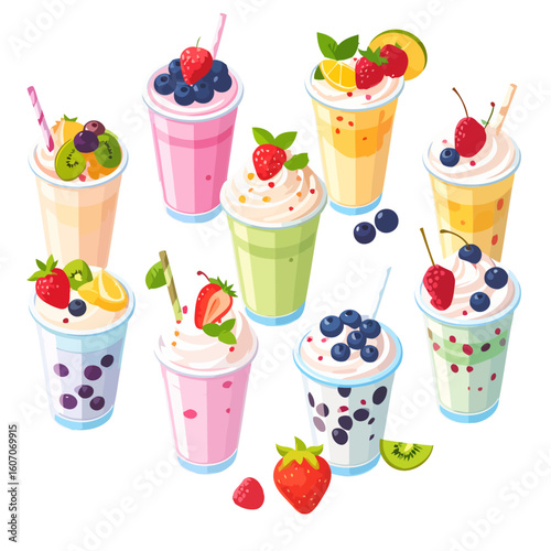 Colorful collection of illustrated fruit smoothies and milkshakes with fresh berry, kiwi, and citrus toppings.