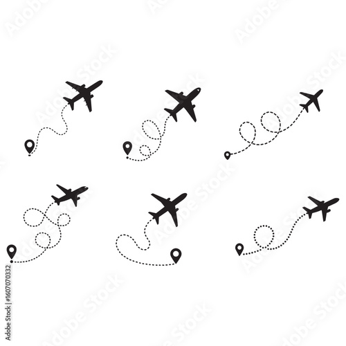 Line path vector icons of an airplane 
flight routes with start point and dash line trace vector