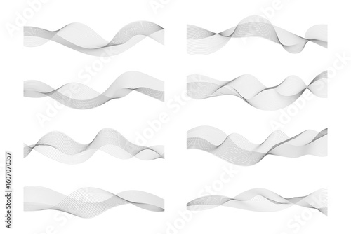 Set of vector gray abstract wave elements for design. Curved dynamic wavy line, smooth stripe for technology, science, music, business, modern concept. For banner, template, wallpaper background
