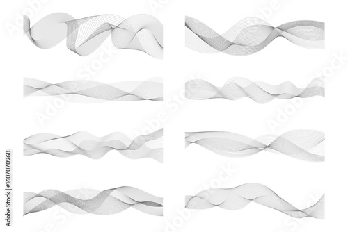 Set of vector isolated gray flowing wave lines. Abstract element for banner, template, wallpaper design. Smooth stripe for technology, digital, science, music, business, modern concept. Blend effect