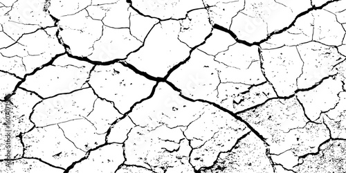 Cracked, parched earth texture in black and white with bold fissures and dry, fragmented patterns—ideal for desert, drought, or climate crisis visuals in design, illustration, or concept art.
