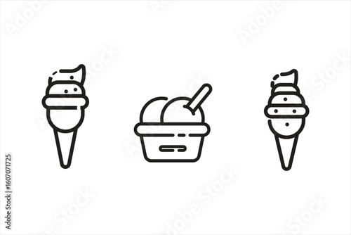 Minimalist soft serve ice cream cone icon in black line style. Simple summer frozen dessert outline perfect for food branding, menu decoration, and sweet treat packaging

