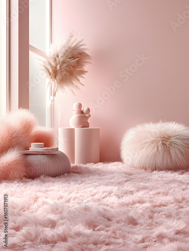 Kids room background for zoom calls. Creative Scandinavian interior. Minimalistic beige design