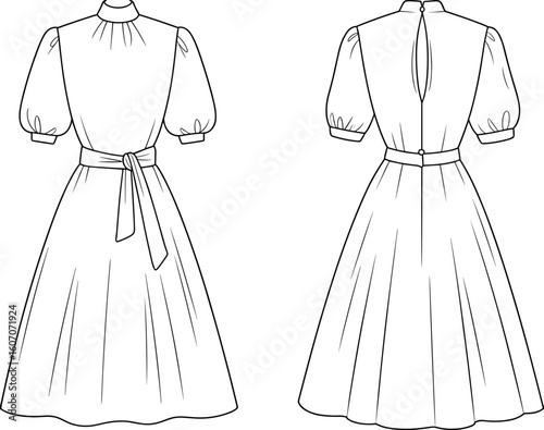 Elegant puff sleeve midi dress flat sketch with front tie belt and keyhole back – technical fashion CAD drawing