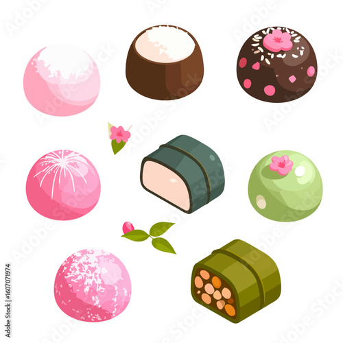 Colorful assortment of Japanese wagashi sweets and mochi in an isometric style with sakura flower decorations.
