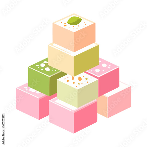 Colorful pyramid of stacked Turkish delight cubes with nut and pistachio toppings in an isometric style.