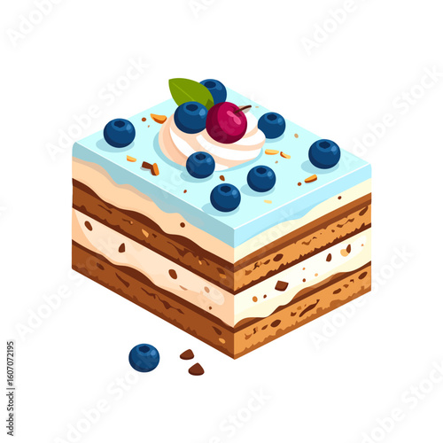 A rectangular slice of layered cake with cream filling, blue frosting, blueberries, and a cherry.