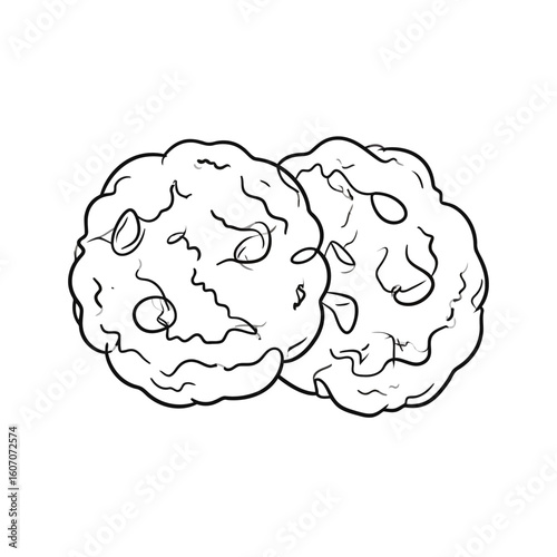 A simple black and white line art illustration of two textured oatmeal raisin cookies.