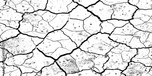 High-contrast black and white cracked earth texture with scattered dark spots and deep fissures, evoking themes of drought, dryness, and climate impact. Ideal for backgrounds or environmental design.