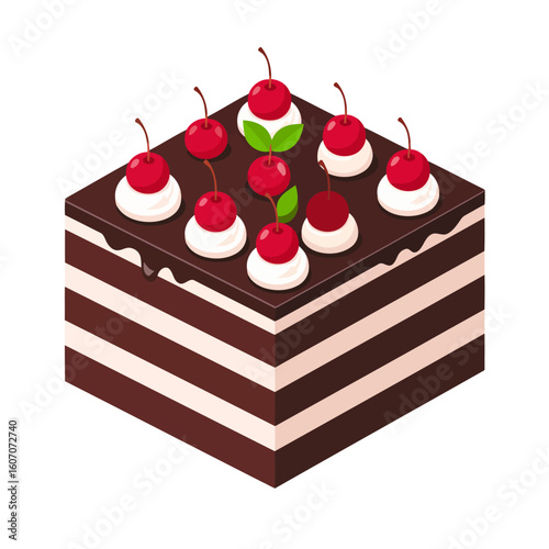 Square layered chocolate cake with glossy ganache, whipped cream dollops, and red cherries.