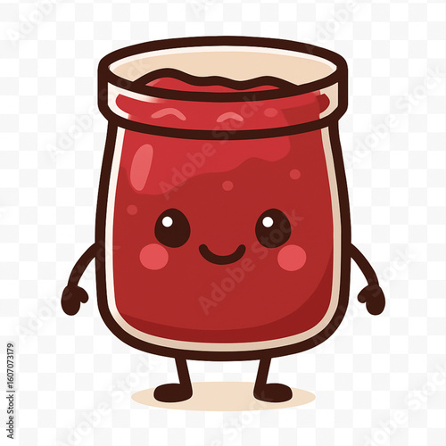 A cute, kawaii-style jar of jam character with a cheerful, smiling face, isolated on a white background
