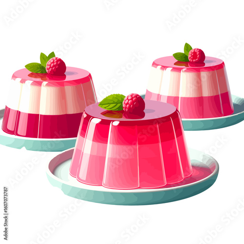 Three vibrant layered raspberry jelly desserts, garnished with fresh raspberries and mint leaves, served on light blue plates.