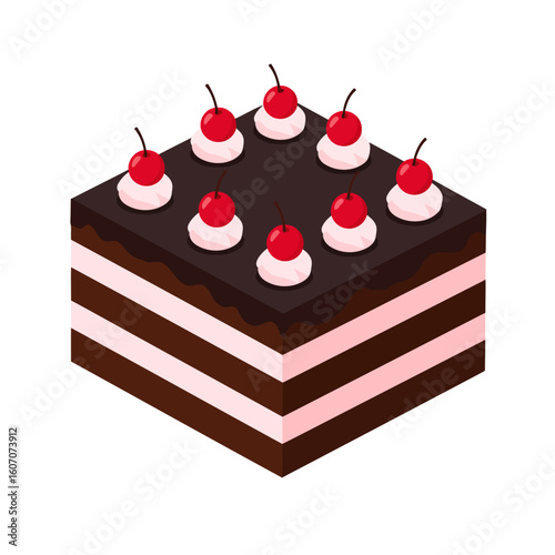Isometric square chocolate layer cake with pink cream filling and cherry toppings.