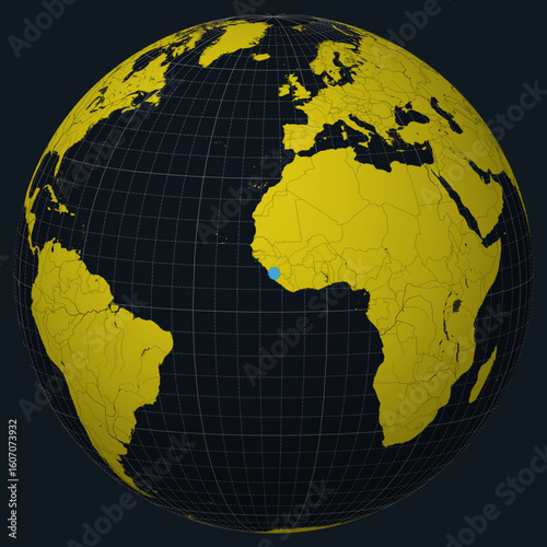 Sierra Leone on Globe. Country view on the world map in Charcoal Bright Yellow color palette. Sierra Leone shape on map. Globe with meridians, parallels, countries, rivers and lakes.
