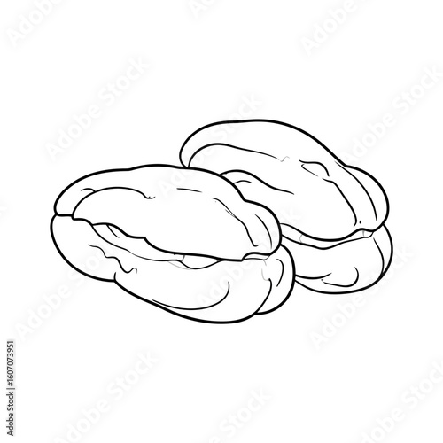 Simple black and white line art illustration of two whole pecan nuts with textured shells.