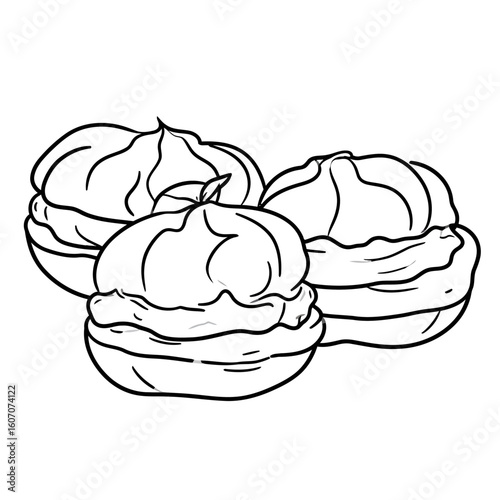 Three swirled meringue pastries in a simple black and white line art style.
