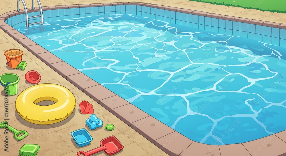 Obraz premium Turquoise Swimming Pool with Toys and Sunny Reflections