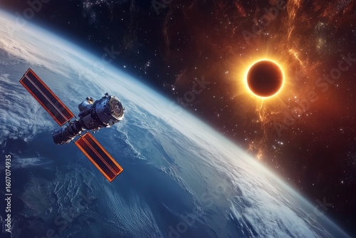 Satellite near earth observing solar eclipse in space