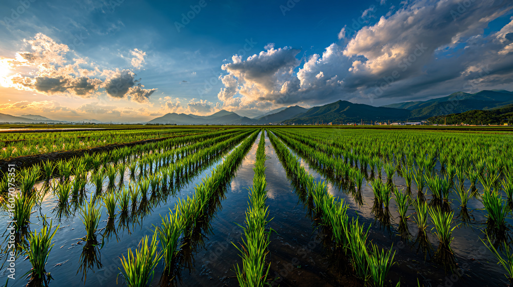 Fototapeta premium Scenic Rice Paddy Field at Sunset A Serene Landscape with Reflections and Mountains