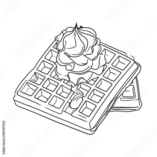 Line art illustration of stacked Belgian waffles with a dollop of whipped cream.