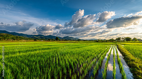 Lush green rice paddy field landscape in a rural area with mountains and a beautiful cloudy sky.