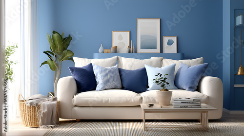 Modern living room interior design with blue wall and white sofa