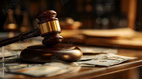 Judge gavel resting on money in courtroom setting symbolizing corruption
