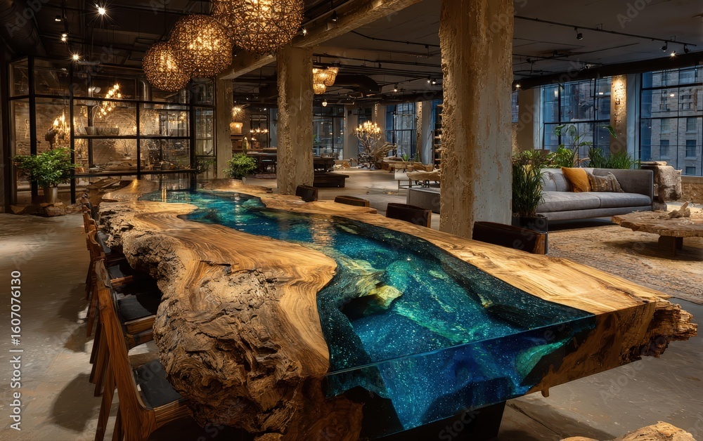 Naklejka premium Heroic shot of a stunning live edge river table with resin, luxurious design in a sophisticated showroom and inviting atmosphere