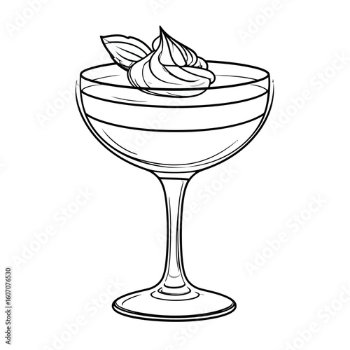 Elegant layered dessert in a coupe glass with whipped cream and mint garnish, black and white line art.