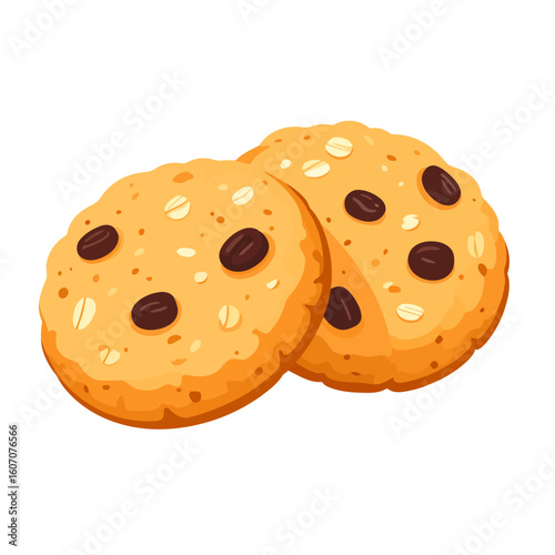 Two freshly baked oatmeal raisin cookies with rolled oats and sweet raisins, cartoon style illustration.