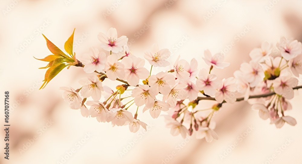 Obraz premium Pink Cherry Blossom Branch with Spring Flowers and Green Leaves on Soft Background